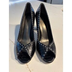 Talbots Black Faux-Croc Peep-Toe Heels with Stud Trim